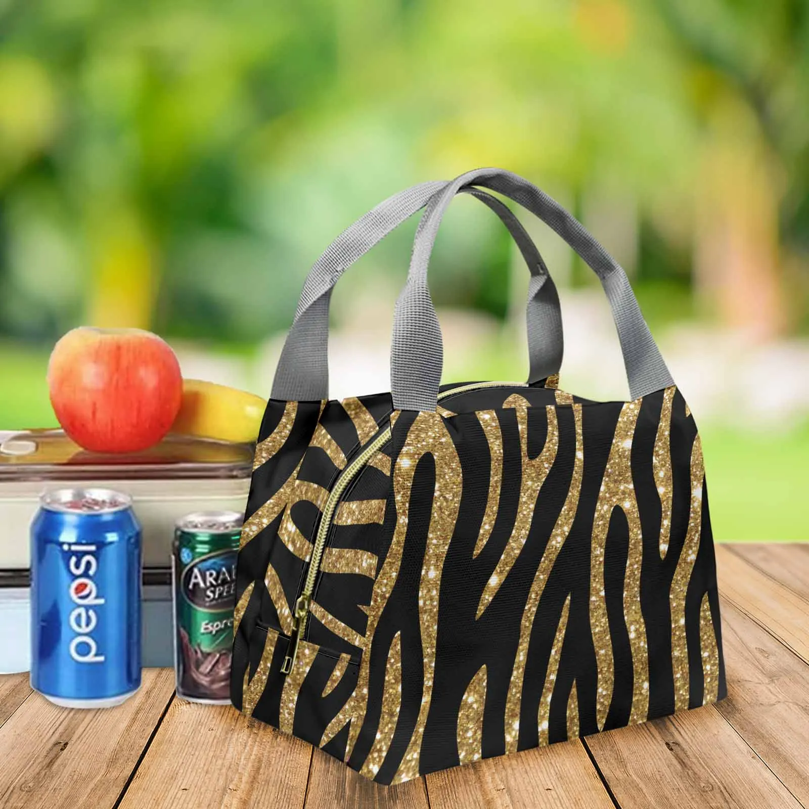 Black and Gold Glitter Leopard Print  Portable Lunch Bag-Grey Handle