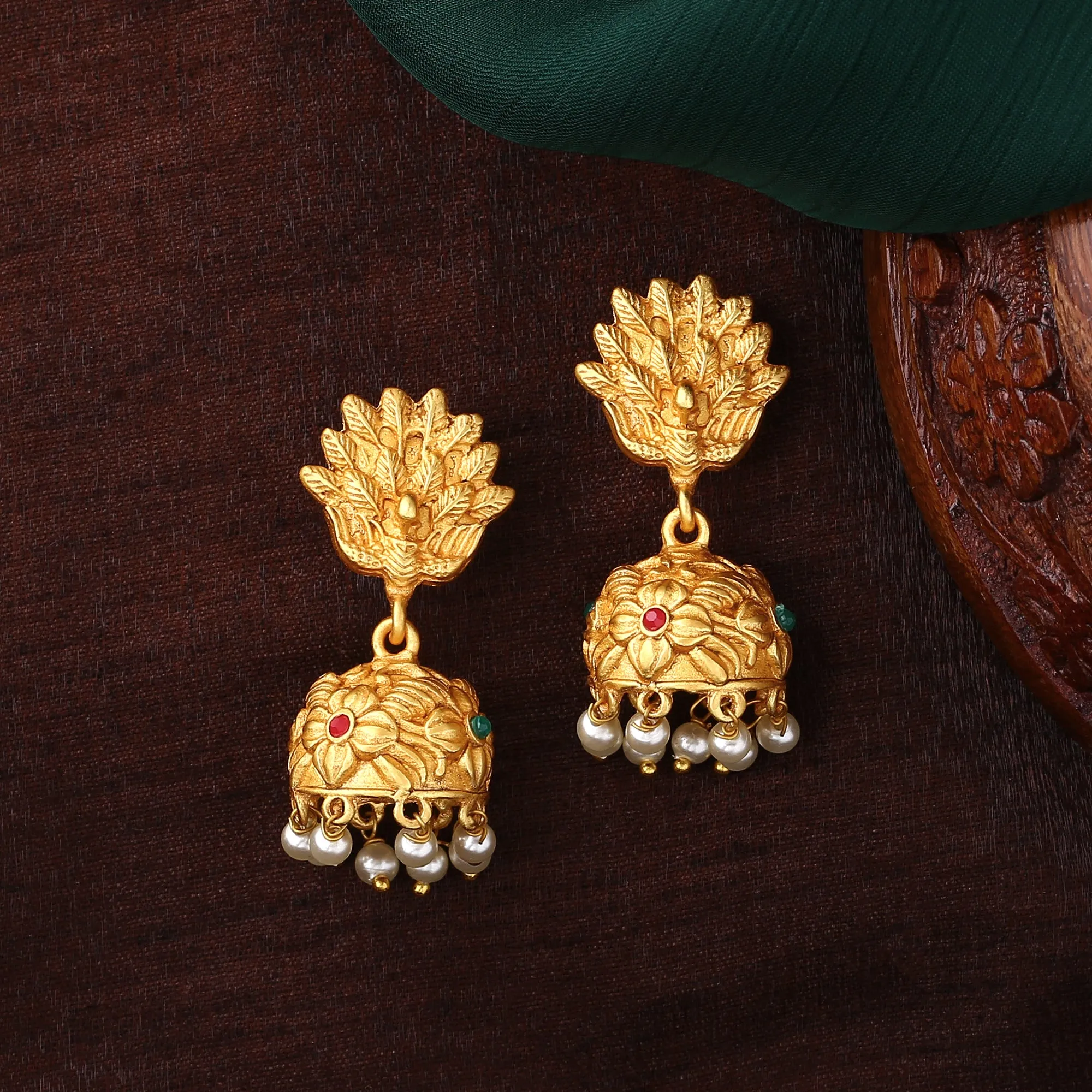 Estele gold Plated Elegant Peacock Designer Jhumki Earrings with Crystals & Pearls for Women
