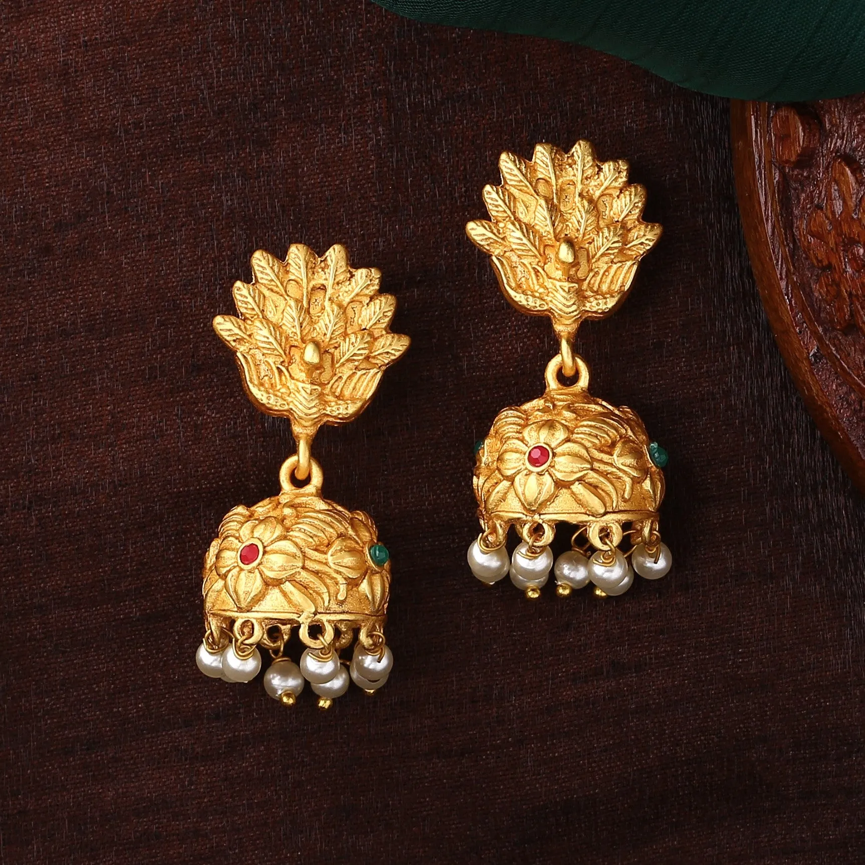 Estele gold Plated Elegant Peacock Designer Jhumki Earrings with Crystals & Pearls for Women