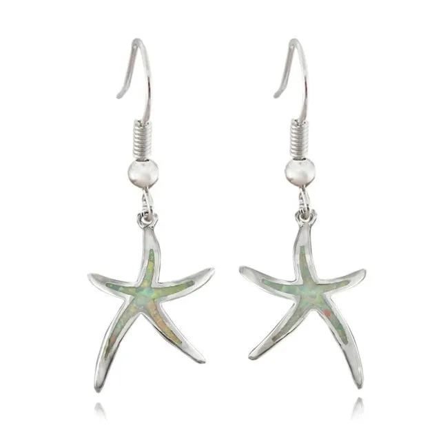 FDLK   Cute Starfish Shape Blue Imitation Fire Opal Drop Dangle Hook Earrings Womens Wedding Jewelry