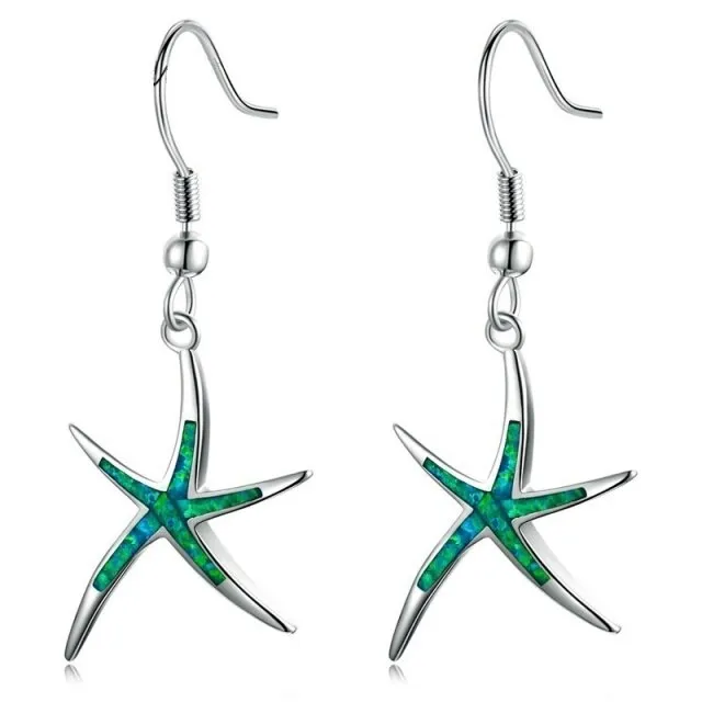 FDLK   Cute Starfish Shape Blue Imitation Fire Opal Drop Dangle Hook Earrings Womens Wedding Jewelry