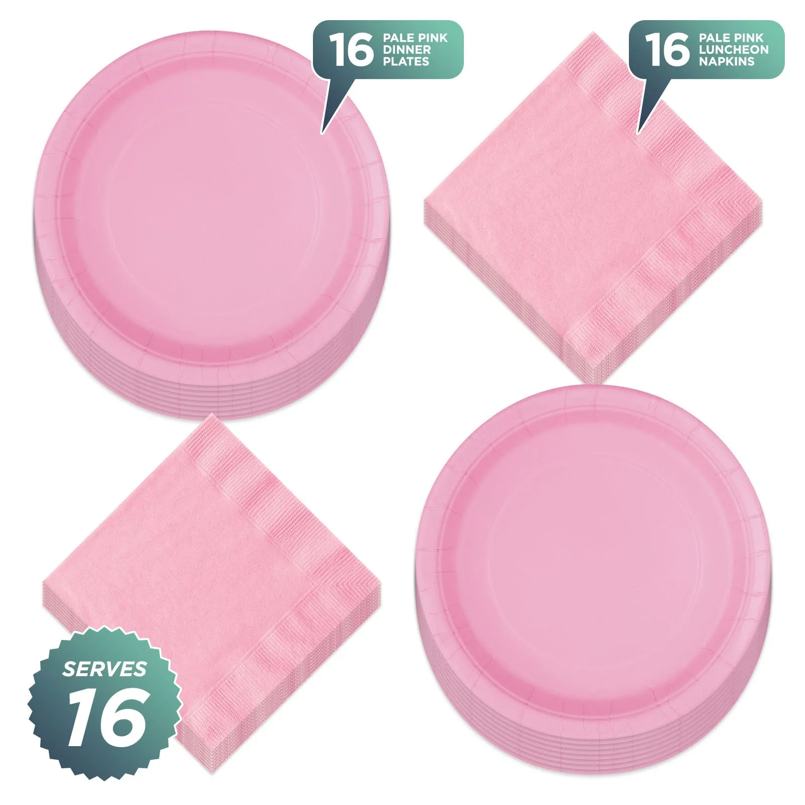 Solid Pale Pink Paper Dinner Plates and Luncheon Napkins - Pretty Light Pink Party Supplies For Birthdays, Showers, Spring Parties, and More (Serves 16)